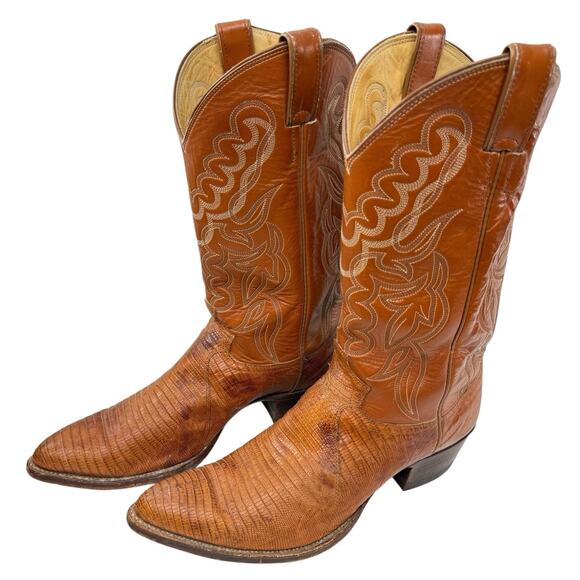 Justin Cowboy Western Boots Vintage Lizard Men’s 10.5 D Orange Camel Tan Leather - Picture 1 of 12